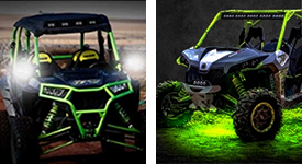 Two off-road vehicles with neon green frames and LED lights.