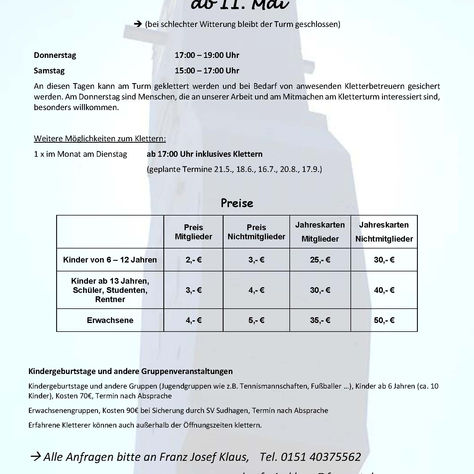 Kletterturm ab Heute geöffnet! - 11. Mai 2024