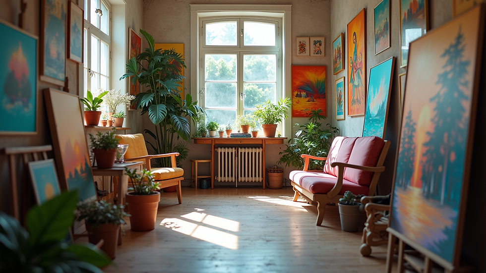 Eye-level view of a colorful art studio filled with original paintings
