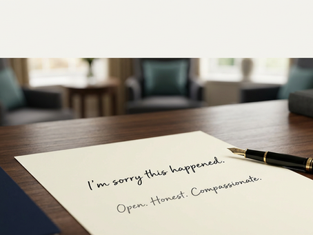 Ivory paper and fountain pen on a wooden table in a care home setting, with the handwritten words “I’m sorry this happened”, representing Duty of Candour and compassionate communication.
