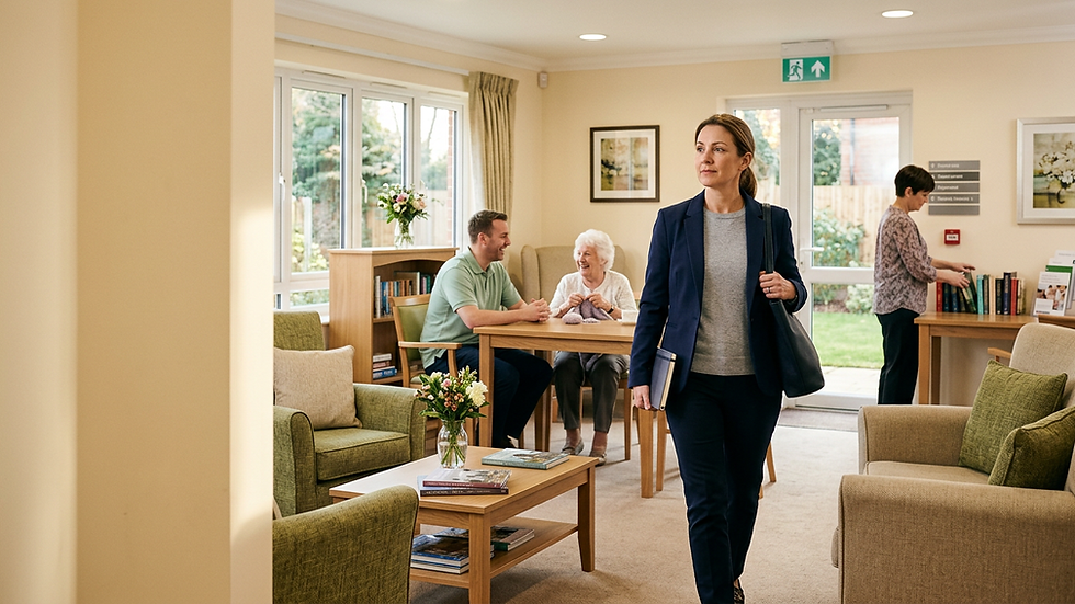 Care service leader walking through a well-run care home as staff continue supporting residents, illustrating sustainable improvement after extra oversight and support steps back.