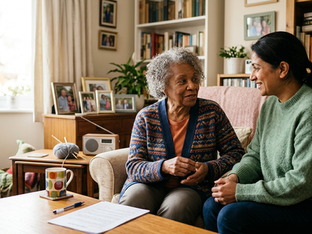Older woman talking with a care professional in her personalised living space, with a care plan on the table.
