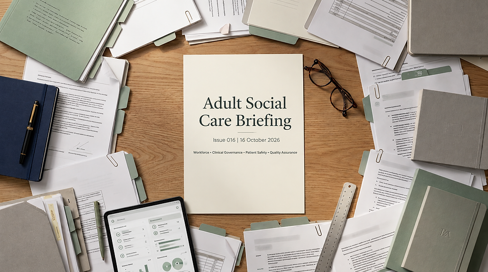 Overhead view of a professional adult social care briefing on a wooden desk, surrounded by governance papers, folders, a tablet, notebook, glasses and stationery. The central document reads “Adult Social Care Briefing – Issue 016 | 16 October 2026” with themes of workforce, clinical governance, patient safety and quality assurance.
