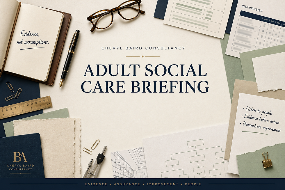 Cover image for Cheryl Baird Consultancy's Adult Social Care Briefing. An editorial-style flat lay featuring a notebook with the words "Evidence, not assumptions", a fountain pen, glasses, governance documents, a risk register, planning papers and the Cheryl Baird Consultancy branding. The design represents evidence-based governance, quality assurance and continuous improvement in adult social care.