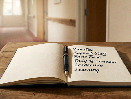 Open notebook on a wooden table in a care home corridor with handwritten notes reading Families, Support Staff, Facts First, Duty of Candour, Leadership and Learning, representing governance and leadership after a significant incident.