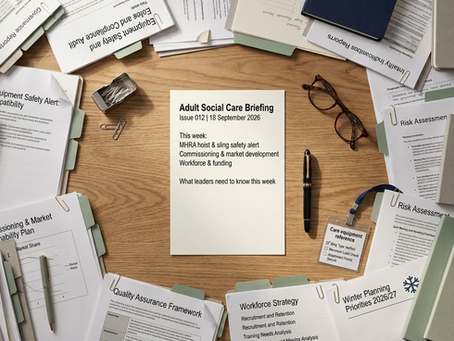 Overhead desk scene showing the Adult Social Care Briefing, Issue 012 dated 18 September 2026, surrounded by professional adult social care documents relating to MHRA hoist and sling safety, risk assessment, commissioning, quality assurance, workforce strategy and winter planning.