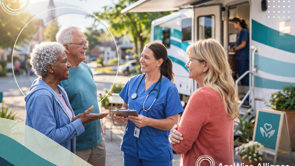 AgeWise Alliance community healthcare cover image featuring older adults speaking with a nurse outside a mobile health clinic in a rural setting.