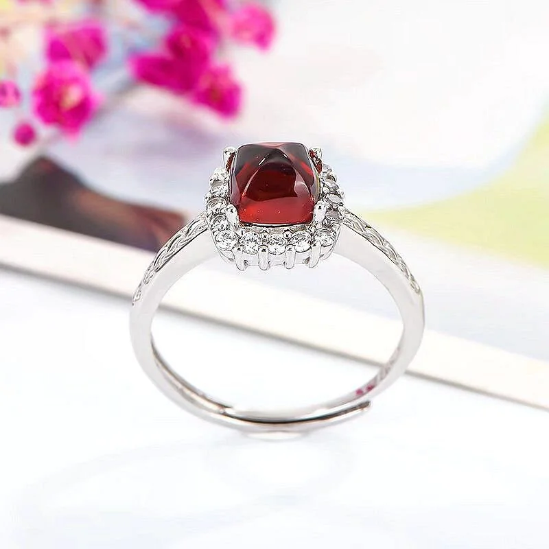 18K Platinum Red Garnet Halo Good Vibes Ring