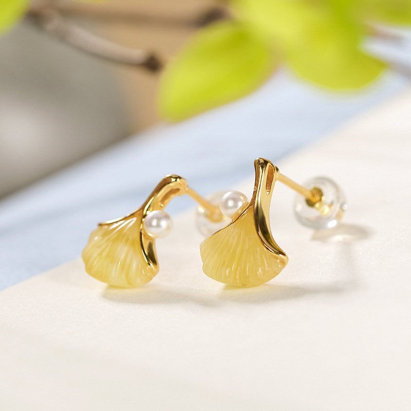 縮圖：Apricot Leaf Natural Amber Crystal Stud Earrings, Dainty Amber Earrings | SW006