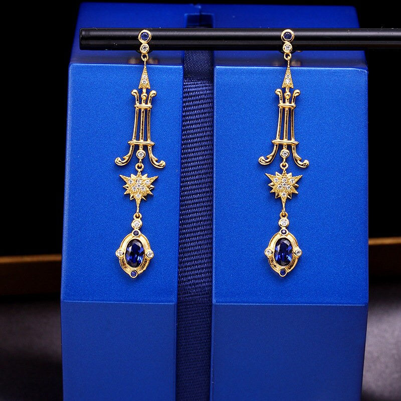 Miniaturbild: Natural Blue Sapphire Drop Earrings, Baroque Earring, Starburst Earring | TB1218