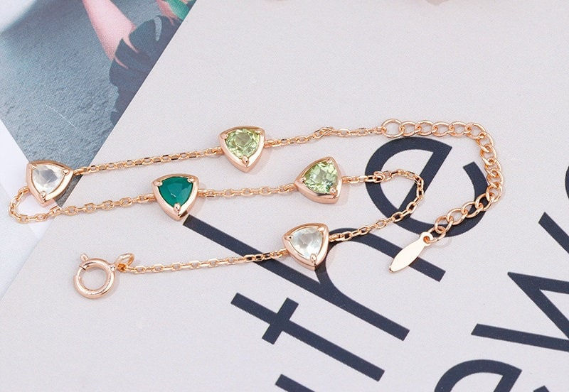 Miniature : 925 Silver Gold Vermeil Natural Peridot Chalcedony Prehnite Bracelet | TB1984