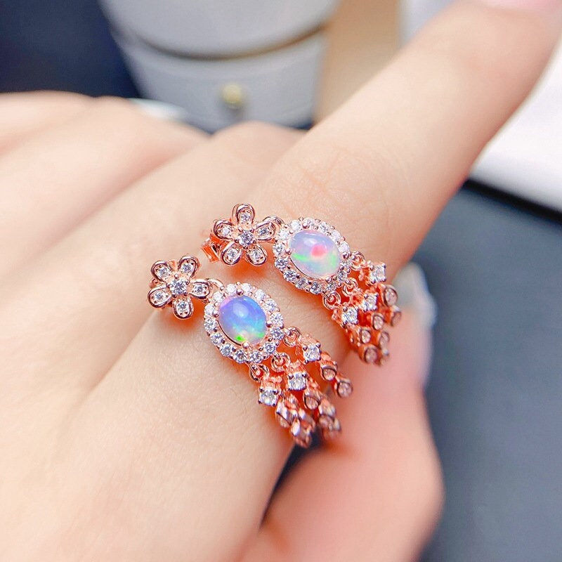 縮圖：18K Platinum Rose Gold Natural Opal Dangle Earrings | FME - E119