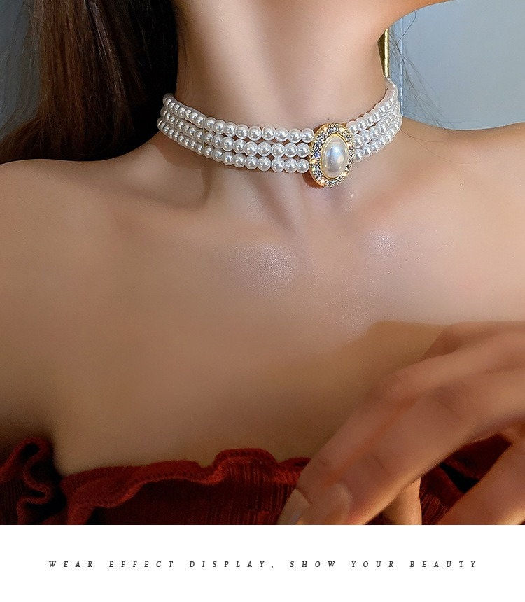 縮圖：Vintage Layered Pearl Beaded Choker Necklace,Triple Strand Choker | HN995