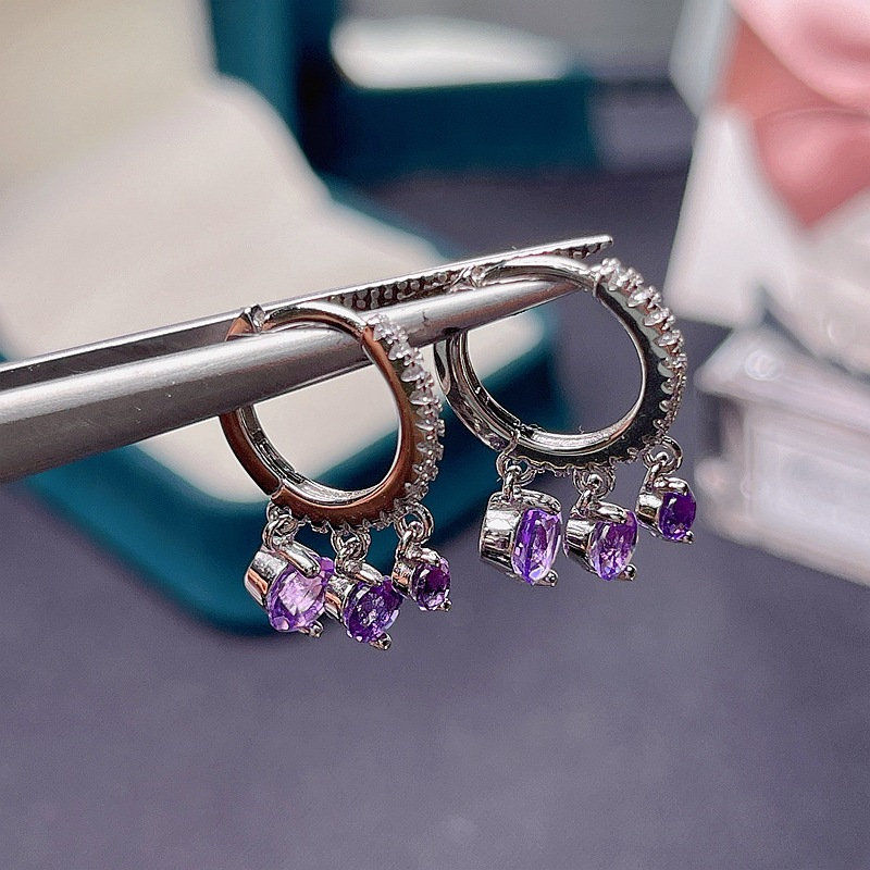 Thumbnail: 18K Platinum Amethyst Huggies Hoop,Aquarius Earring,Bestie Gift | FME - E057