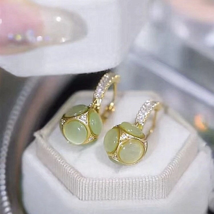 Thumbnail: Vintage Cat Eye Stone Hoop Earrings, Green Cat Eye Stone Earrings | A7573