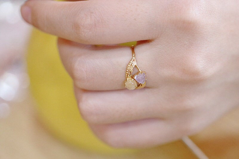 Thumbnail: 925 Silver 14K Gold Feather Design Natural Amethyst Citrine Ring | HJZB-211