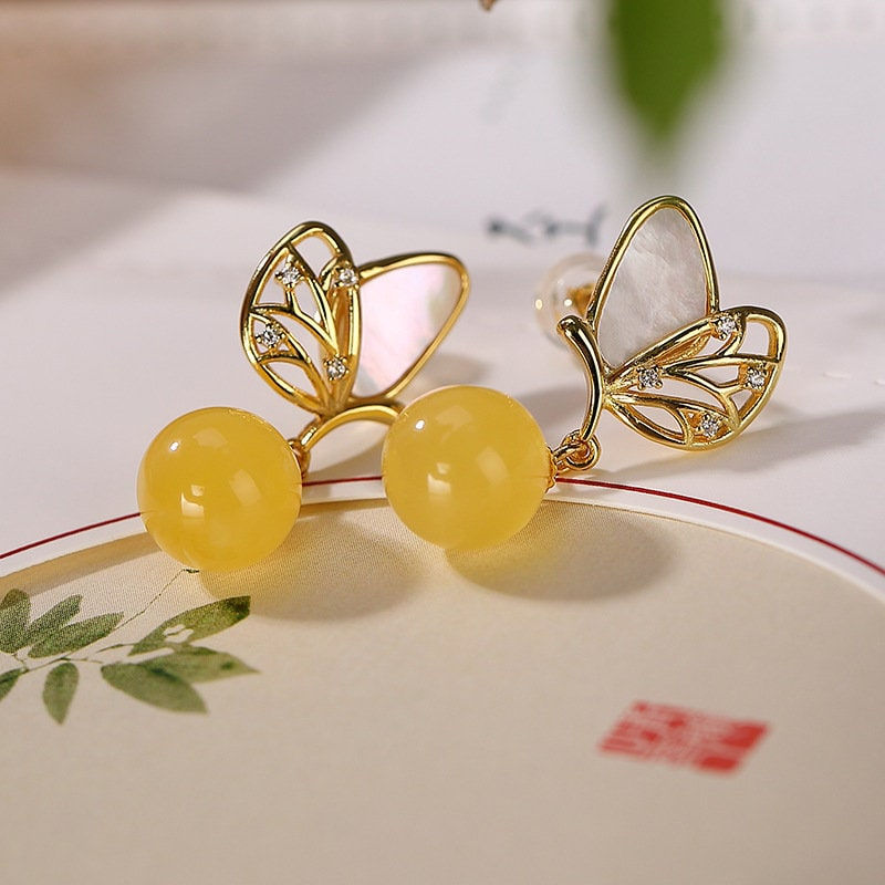 縮圖：Baltic Amber Dangle Earrings, Butterfly Earrings, Amber Drop Earrings | SW005