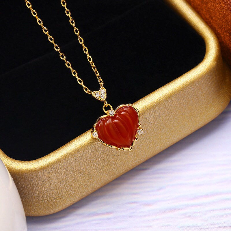 Miniature : S925 Heart Red Agate Pendant Necklace, Red Agate Necklace | YCD026