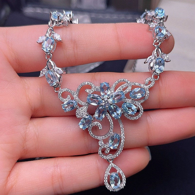 Thumbnail: 18K Gold Natural Swiss Blue Topaz Necklace, Birthday Gift | FME - N548