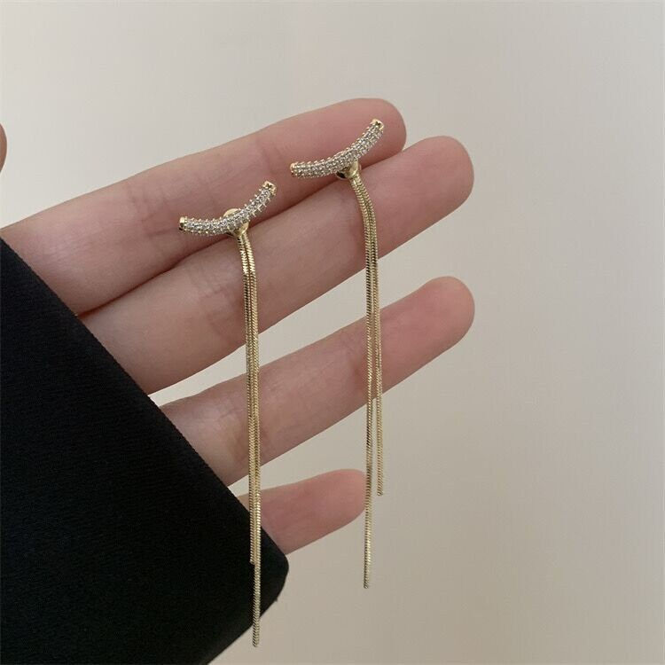 Thumbnail: Gold Curved Bar Ear Jacket, Long Tassel Earrings, Front Back Earrings | A7324