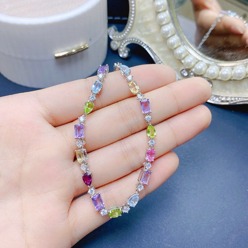 Thumbnail: 925 Silver Natural Crystal Bracelet, Blue Topaz Garnet Bracelet | FME - B126