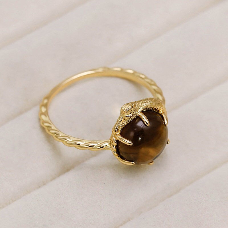 縮圖：S925 Kitty Huggie Smoky Quartz Ring, Gemstone Ring, Crystal Ring | TB2219-R