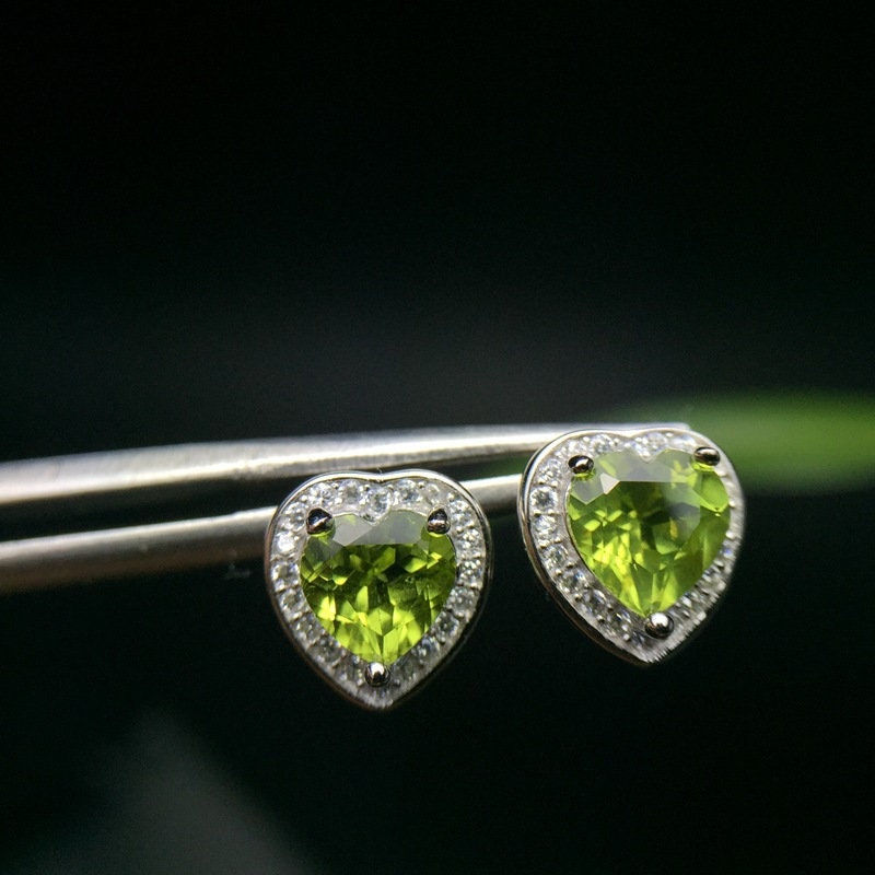 Thumbnail: 925 Silver Heart Natural Peridot Earrings, Peridot Studs | FME - E063