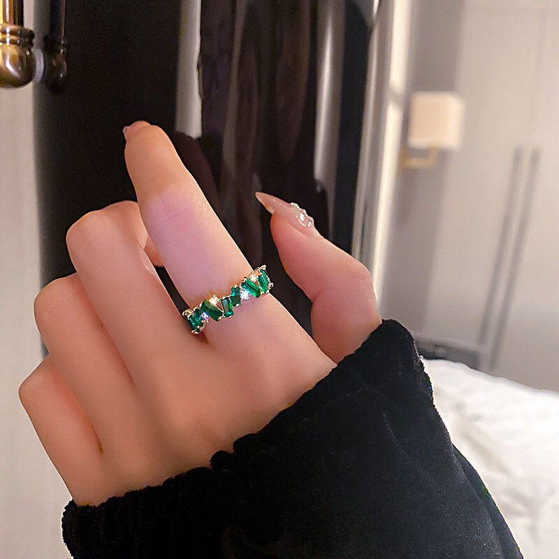 Thumbnail: Gold Plated Green CZ Ring, Geometric Ring, CZ Jewelry, Green Ring | HR528