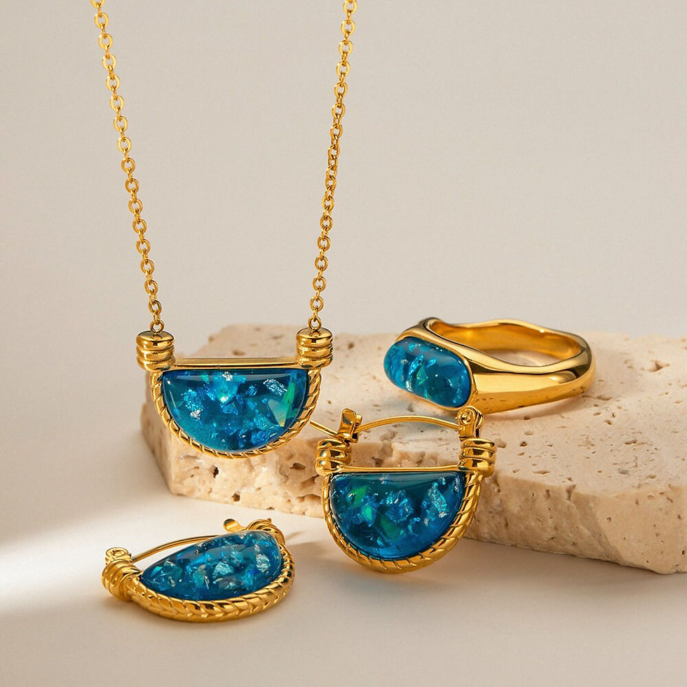 縮圖：18K Gold Plated Fan Shape Natural Blue Resin Jewelry, Resin Necklace | JDN046