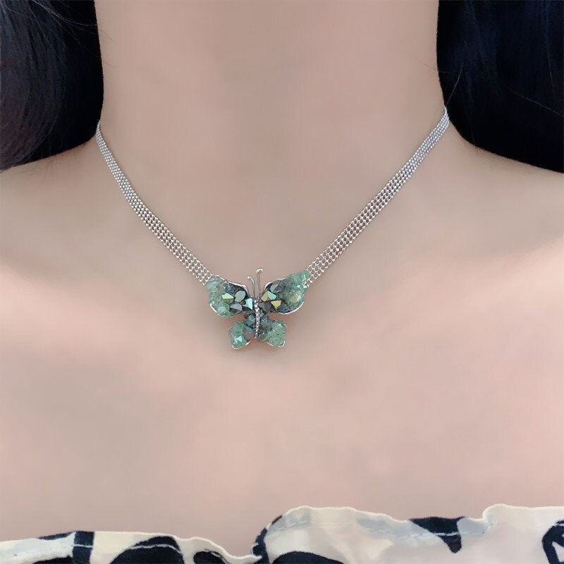 Thumbnail: Dainty Green Crystal Butterfly Choker, Butterfly Necklace | HN2714