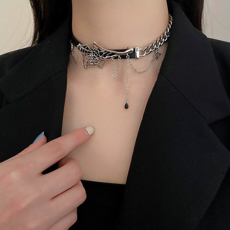 縮圖：Spider Web Short Necklace Choker, Black Leather Chain Necklace Choker | HN1872