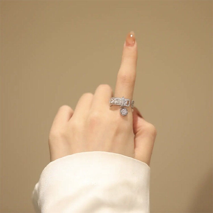 Thumbnail: Art Deco Ring with Charm, Wide Band Zircon Ring, Silver Band Ring | A8496