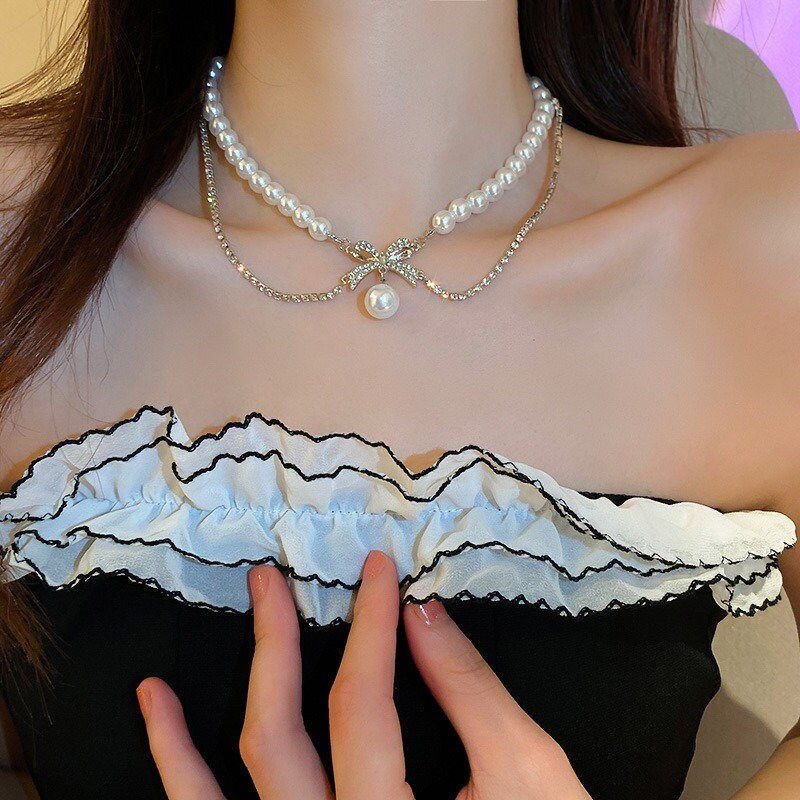 縮圖：Dainty Decent Double Layered Pearl Chain Necklace, Rhinestone Necklace | HN2258