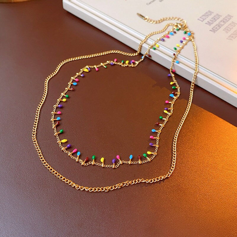 Thumbnail: Titanium Steel Colorful Beaded Multistrand Necklace, 2 Strand Necklace | HN3042