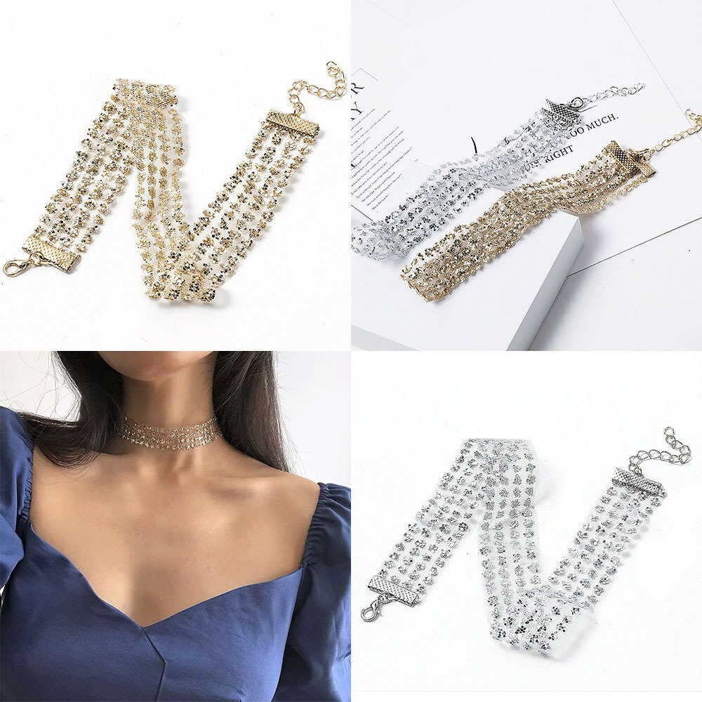 Silver Mesh Choker Necklace, Knitted Mesh Choker, Crystal Necklace | AB949