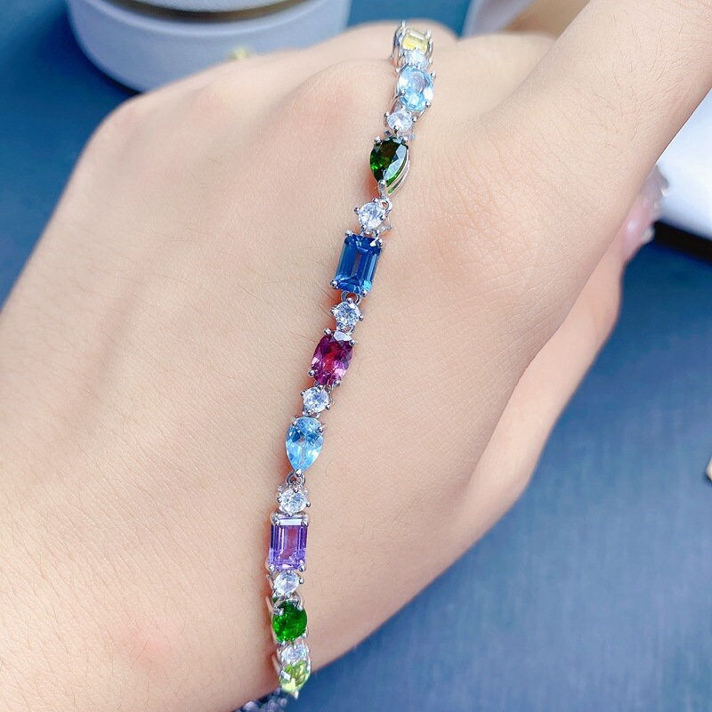 Thumbnail: 925 Silver Crystal Bracelet, Amethyst Swiss Blue Topaz Bracelet | FME - B085