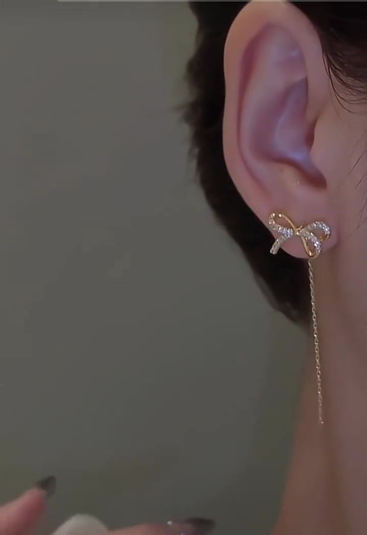 Thumbnail: Gold Bow Threader Earrings, Chain Earrings, Long Tassel Earrings | R0016