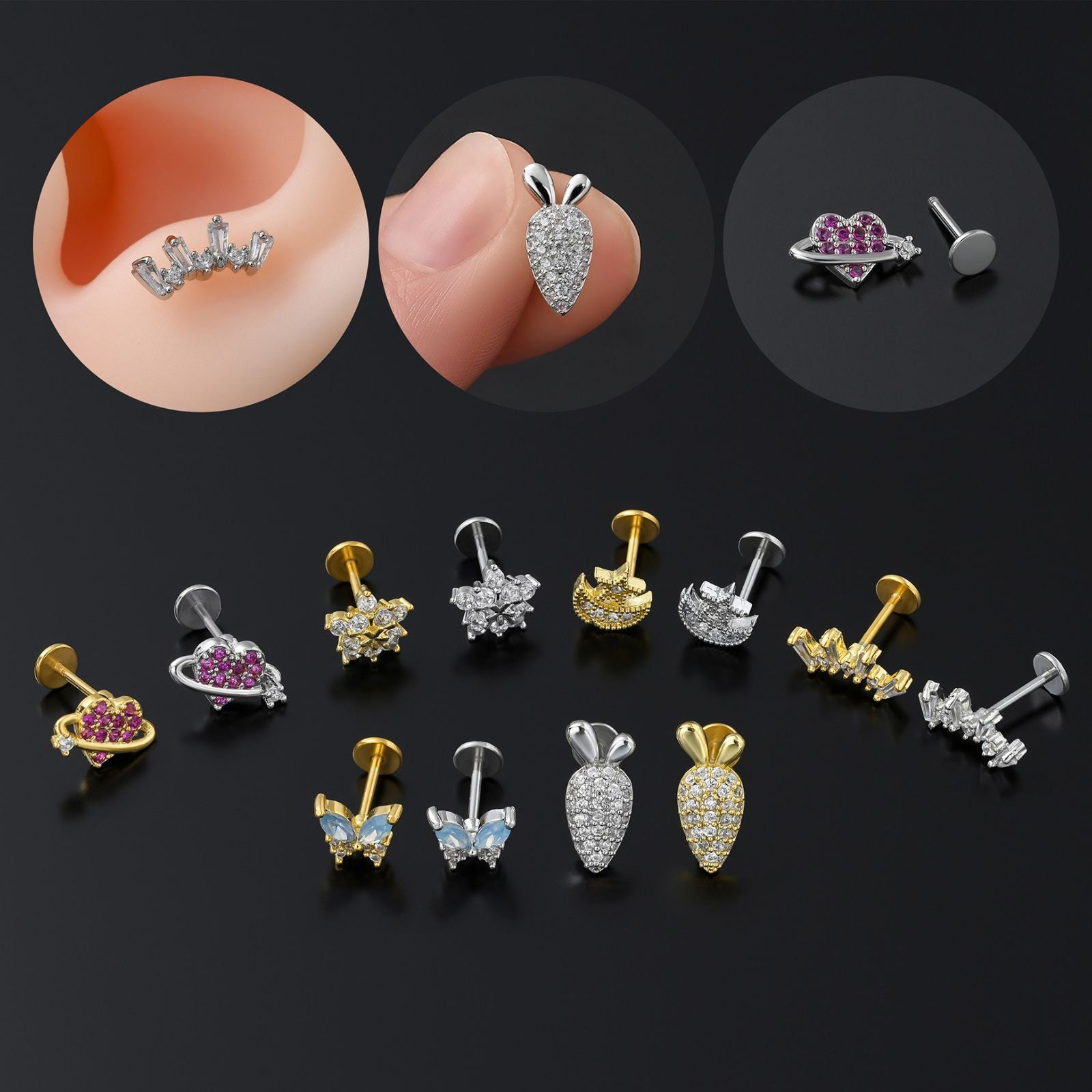 20G Cartilage Surgical Steel Earrings, Star Earrings, Butterfly Earring | CD361