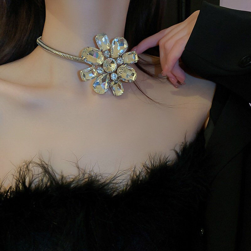 縮圖：Dainty Flower Choker Necklace, Sparkly Floral Pendant Wire Choker | HN2170