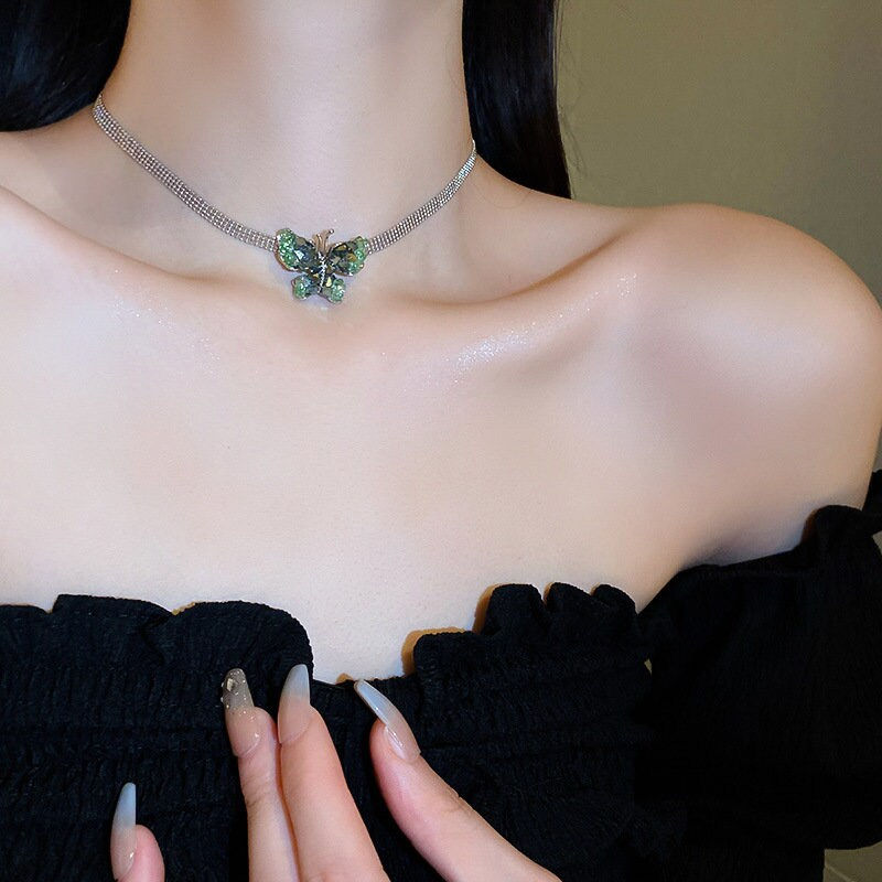 Thumbnail: Dainty Green Crystal Butterfly Choker, Butterfly Necklace | HN2714