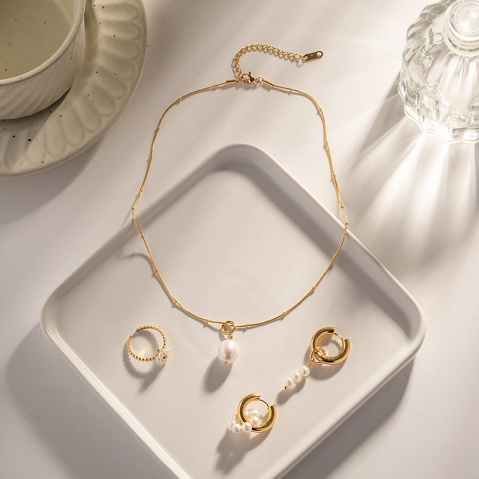 縮圖：Minimalist Gold Pearl Necklace and Earrings set