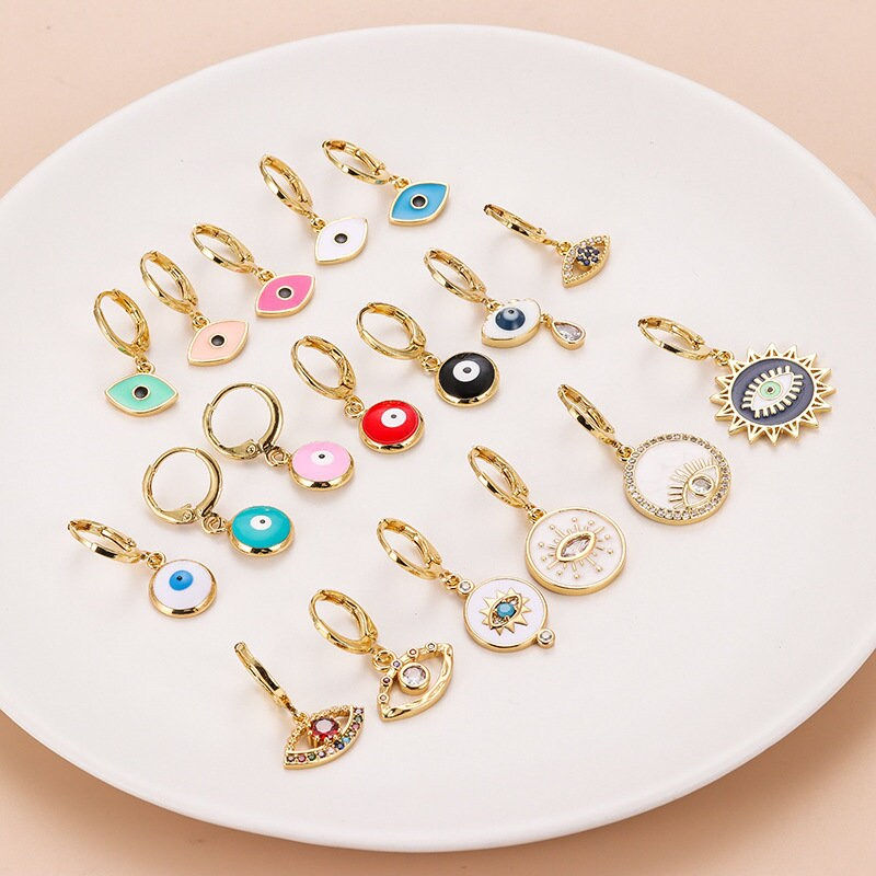 Miniature : 18K Gold Cartilage Hoop Earrings, Color Huggie Hoop, Evil Eye Earring | HSPJ803