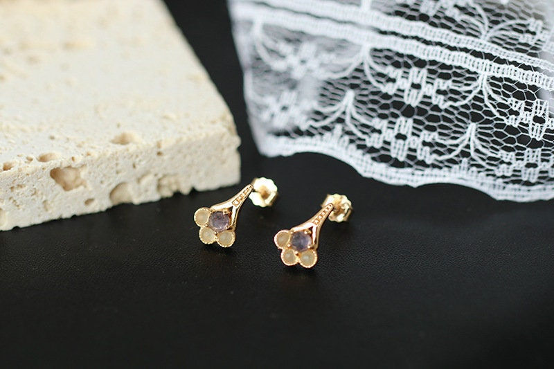 Thumbnail: Natural Iolite Stud Earrings, Floral Earrings, Tiny Gold Stud | HJZB-312