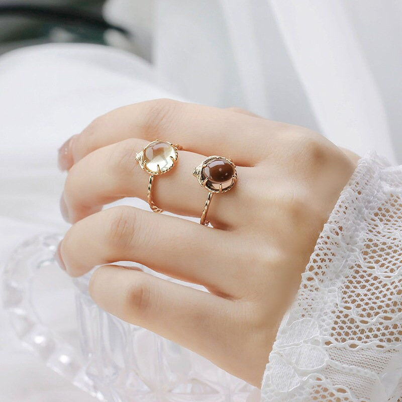 縮圖：S925 Kitty Huggie Smoky Quartz Ring, Gemstone Ring, Crystal Ring | TB2219-R