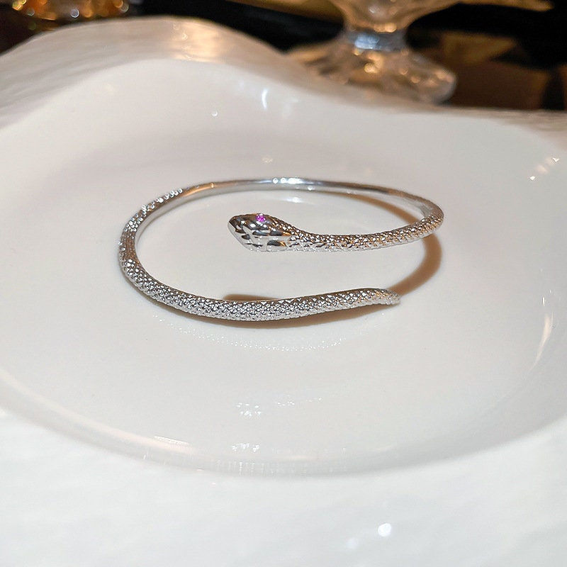 Thumbnail: Unique Silver CZ Snake Bangle Bracelet, Snake Jewelry, CZ Bangle | HB1102