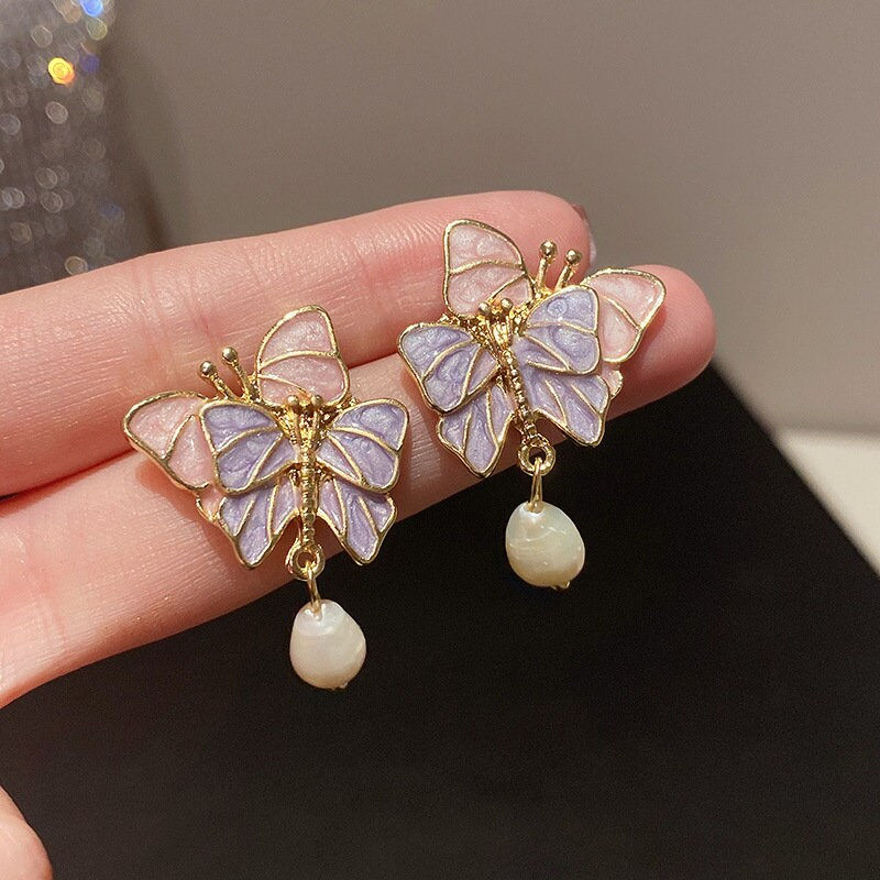 Thumbnail: Dainty Butterfly Pastel Pearl Drop Earrings, Fairy Earring | HE5266