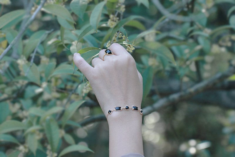 Miniaturbild: 925 Silver Geometric Shape Natural Agate Natural Aquamarine Bracelet | HJZB-245