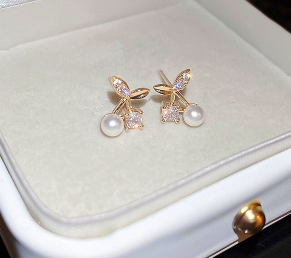 Minimalist Cherry CZ Pearl Earrings, Cherry Earrings, Cherry Jewelry | HE14481