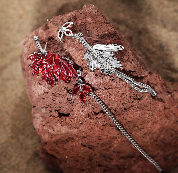 Thumbnail: Dainty Red Maple Dangle Earrings, Mismatch Earrings, Unique Jewelry | RE481