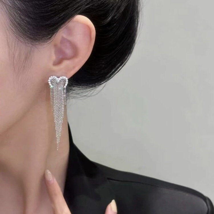 Thumbnail: Light Luxury Open Heart Tassel Earrings, Long Heart Earrings | A8451